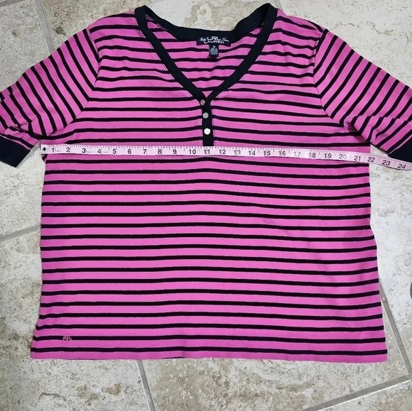 LRL Ralph Lauren 2X Plus Pink Black Striped Cotton Y2K Preppy V-Neck Henley Top - Picture 7 of 8